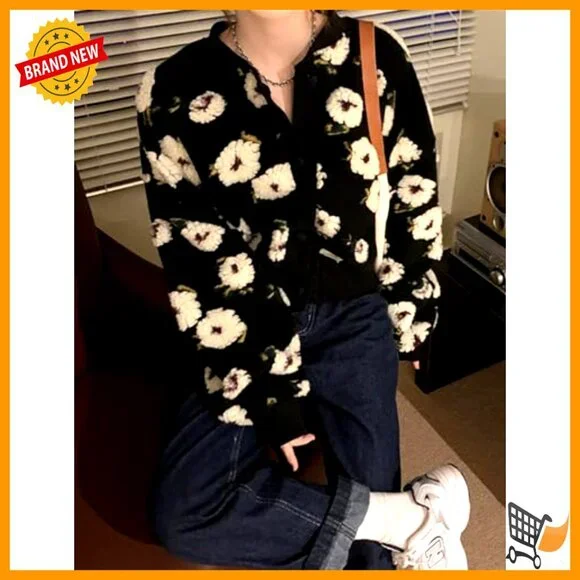 Cropped Fleece Bomber Jacket with Puff Sleeves Floral Print Button Down - Picture 5 of 7